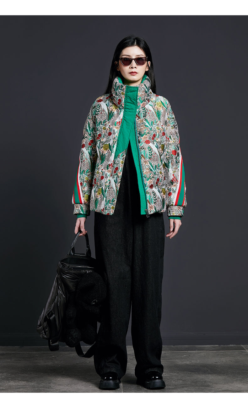 Women’s Short Down Jacket with Jacquard Fabric – Stylish Printed Puffer Coat