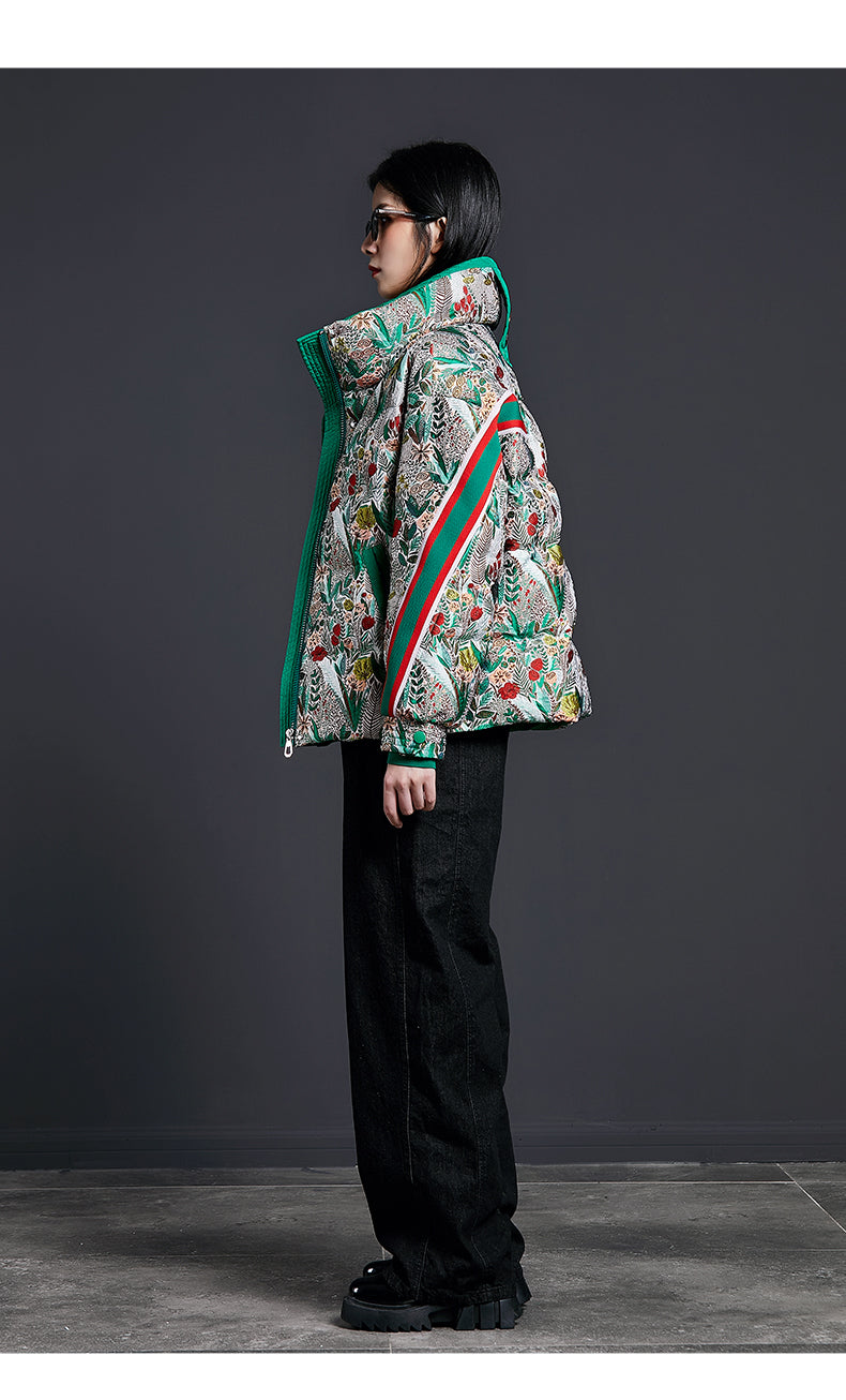 Women’s Short Down Jacket with Jacquard Fabric – Stylish Printed Puffer Coat