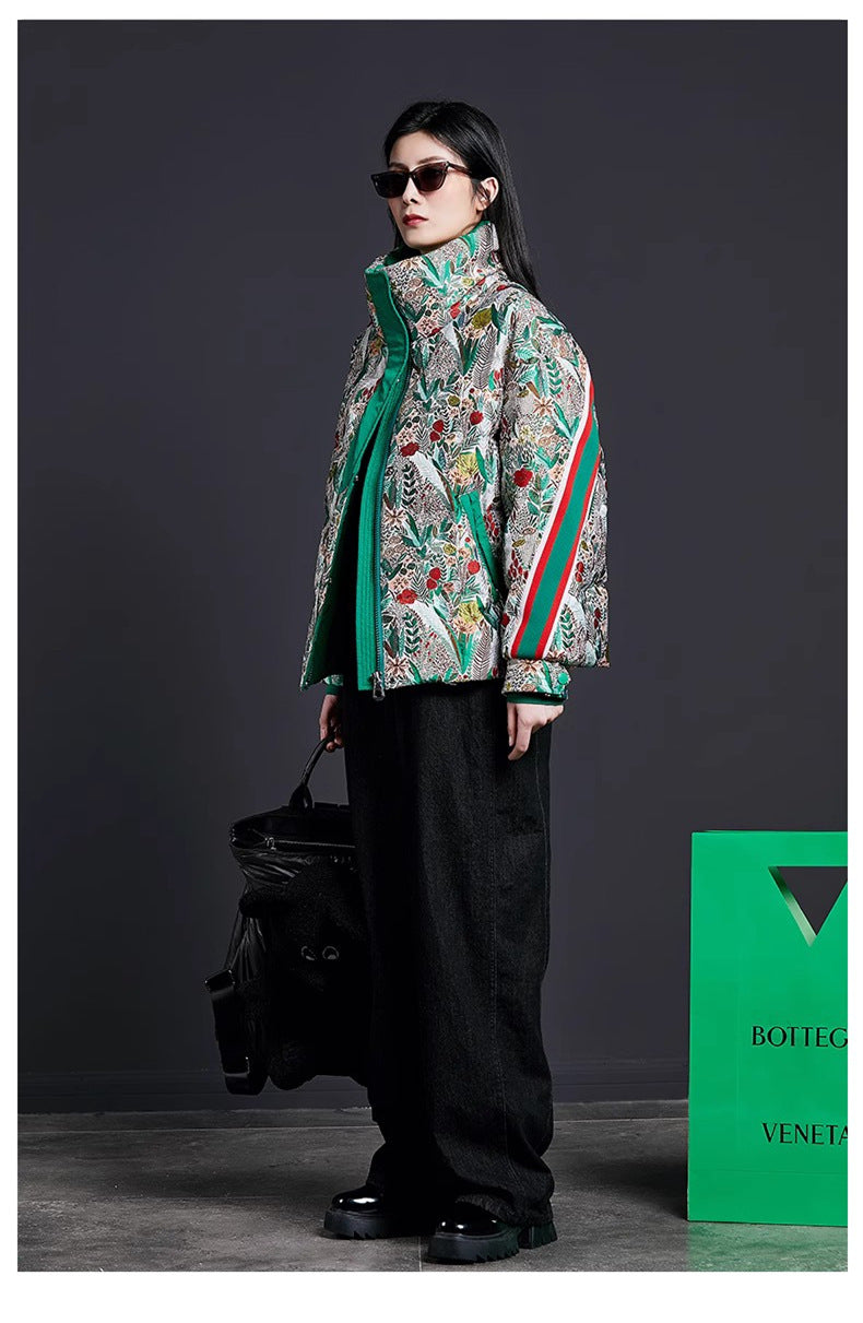 Women’s Short Down Jacket with Jacquard Fabric – Stylish Printed Puffer Coat