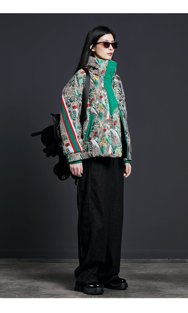 Women’s Short Down Jacket with Jacquard Fabric – Stylish Printed Puffer Coat