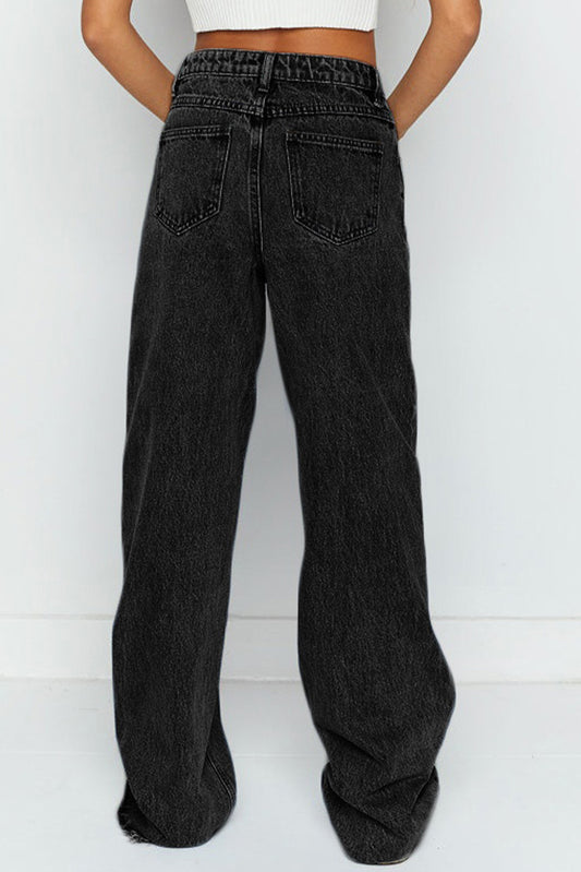 Black Mid Rise Asymmetrical Waist Wide Leg Jeans